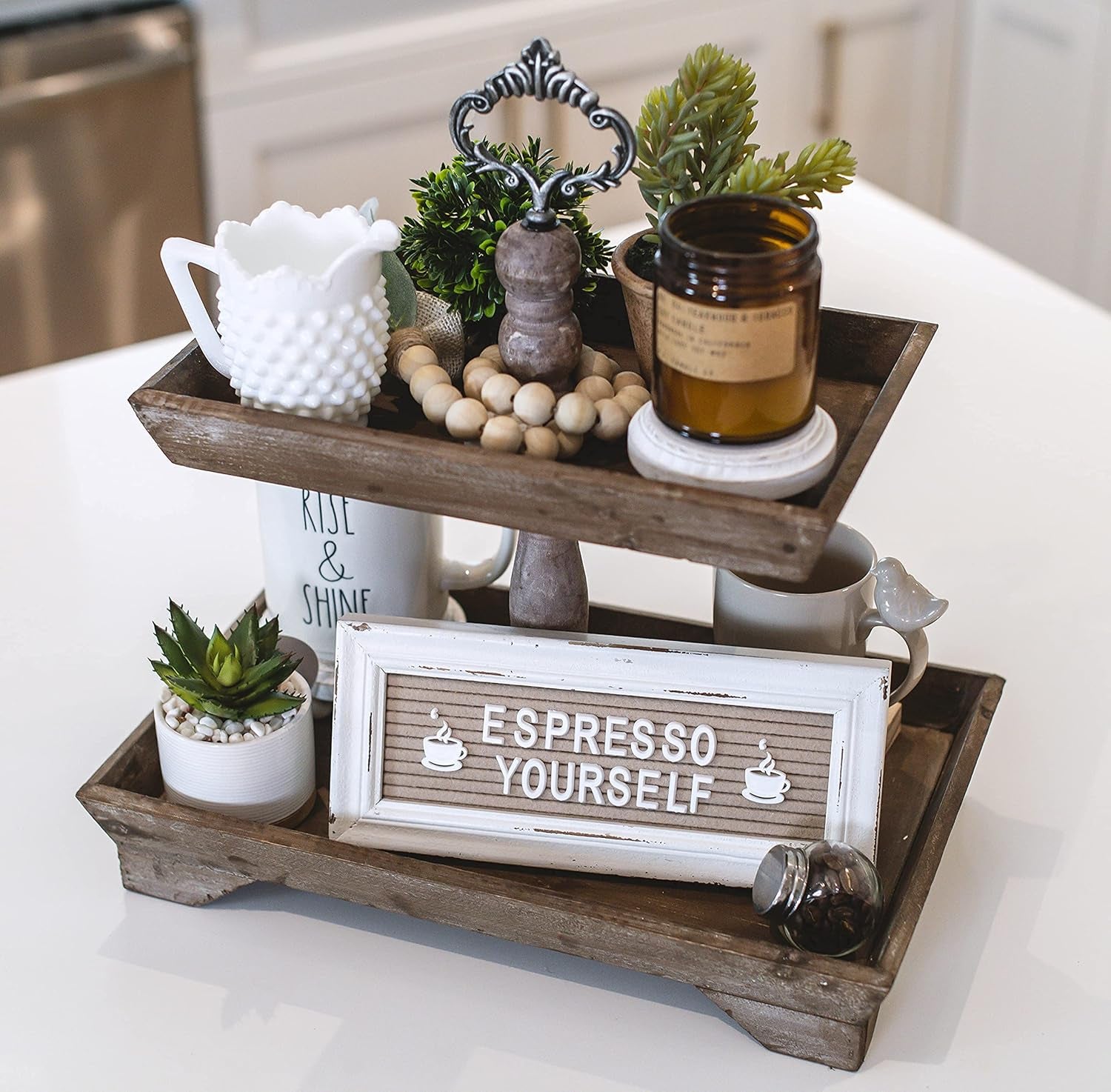 Rustic Wood Two Tiered Tray, Rectangle 2 Tier Serving Tray for Coffee Bar, Kitchen Counter, Dining Room Table, Cupcake Stand, Holiday and Farmhouse Decor (Rustic Brown)