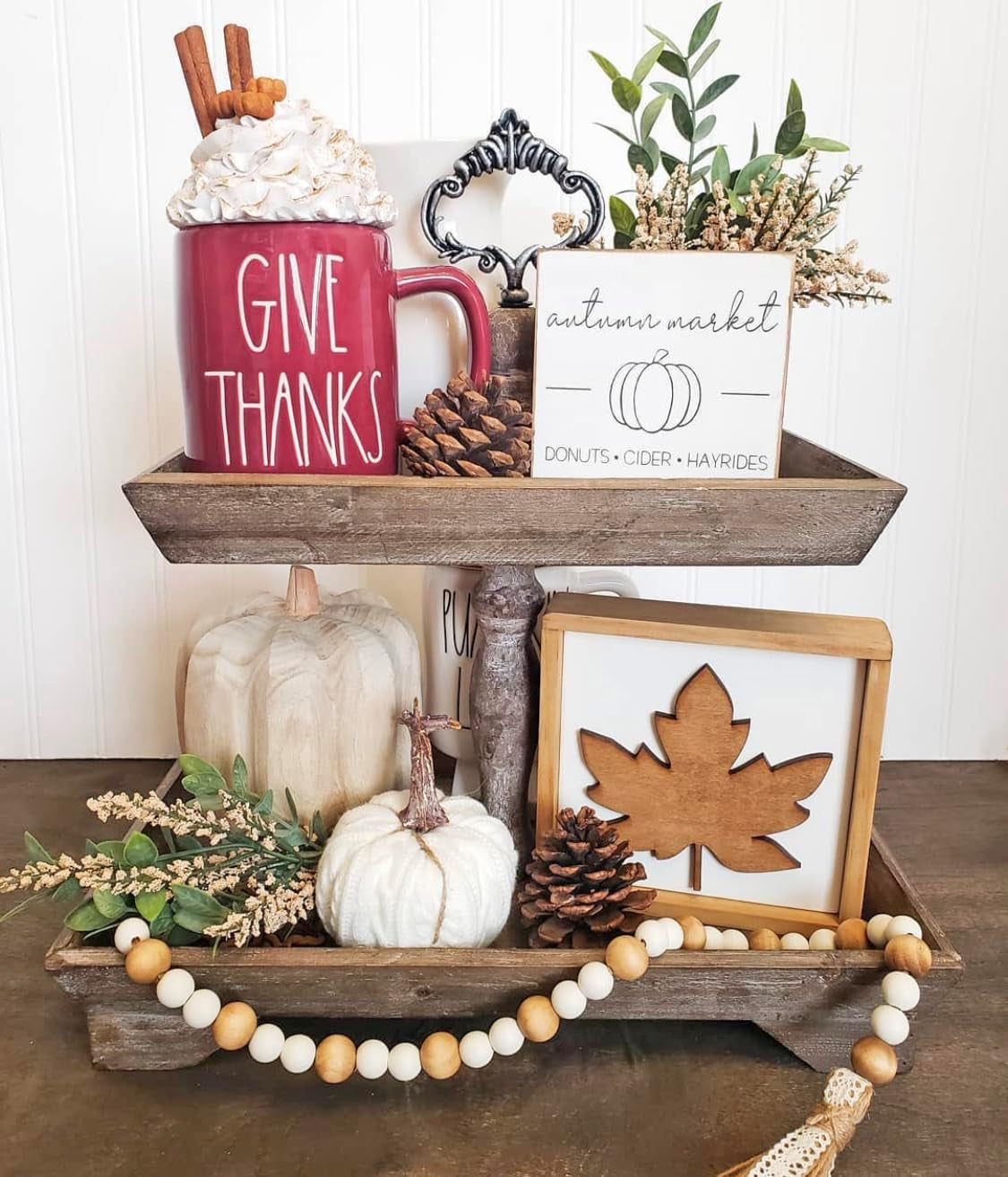 Rustic Wood Two Tiered Tray, Rectangle 2 Tier Serving Tray for Coffee Bar, Kitchen Counter, Dining Room Table, Cupcake Stand, Holiday and Farmhouse Decor (Rustic Brown)