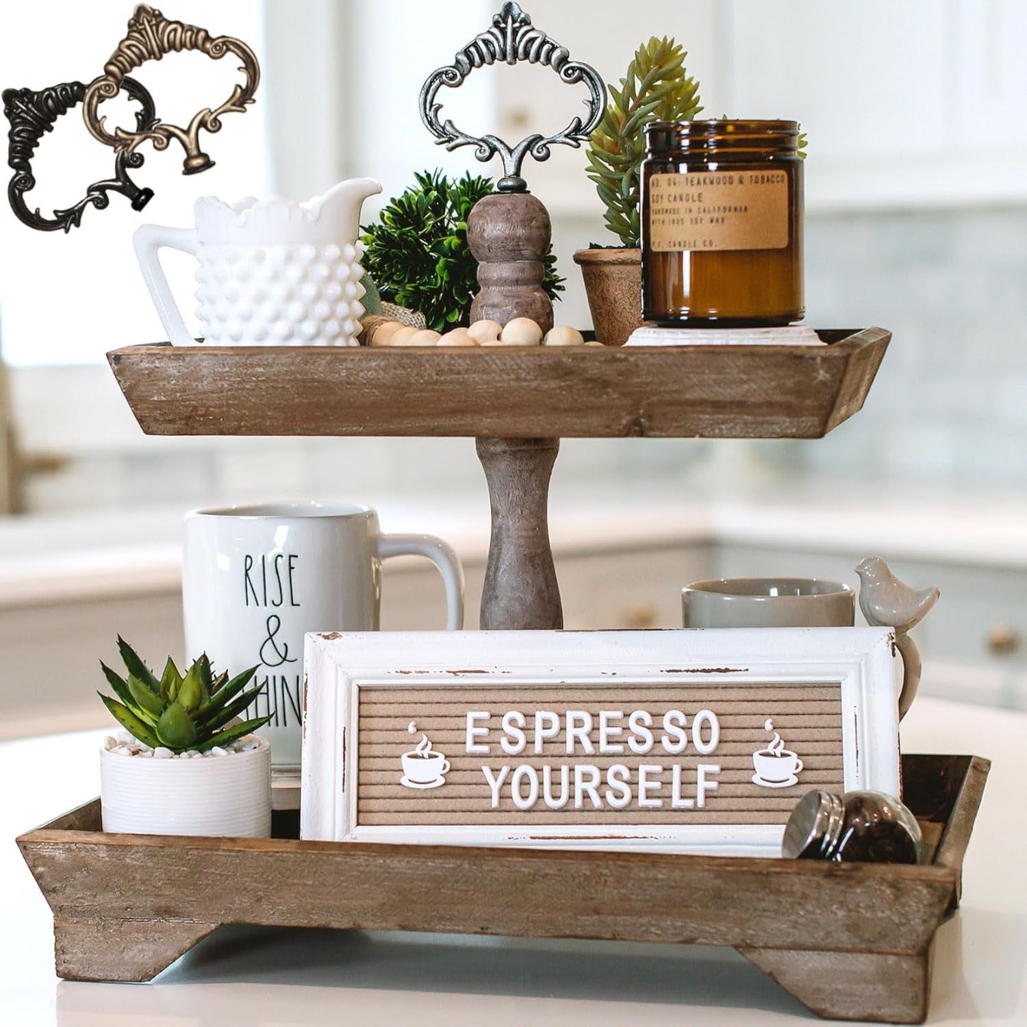 Rustic Wood Two Tiered Tray, Rectangle 2 Tier Serving Tray for Coffee Bar, Kitchen Counter, Dining Room Table, Cupcake Stand, Holiday and Farmhouse Decor (Rustic Brown)