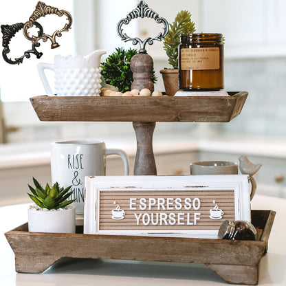 Rustic Wood Two Tiered Tray, Rectangle 2 Tier Serving Tray for Coffee Bar, Kitchen Counter, Dining Room Table, Cupcake Stand, Holiday and Farmhouse Decor (Rustic Brown)