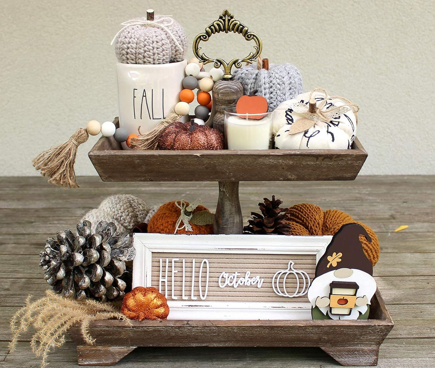 Rustic Wood Two Tiered Tray, Rectangle 2 Tier Serving Tray for Coffee Bar, Kitchen Counter, Dining Room Table, Cupcake Stand, Holiday and Farmhouse Decor (Rustic Brown)