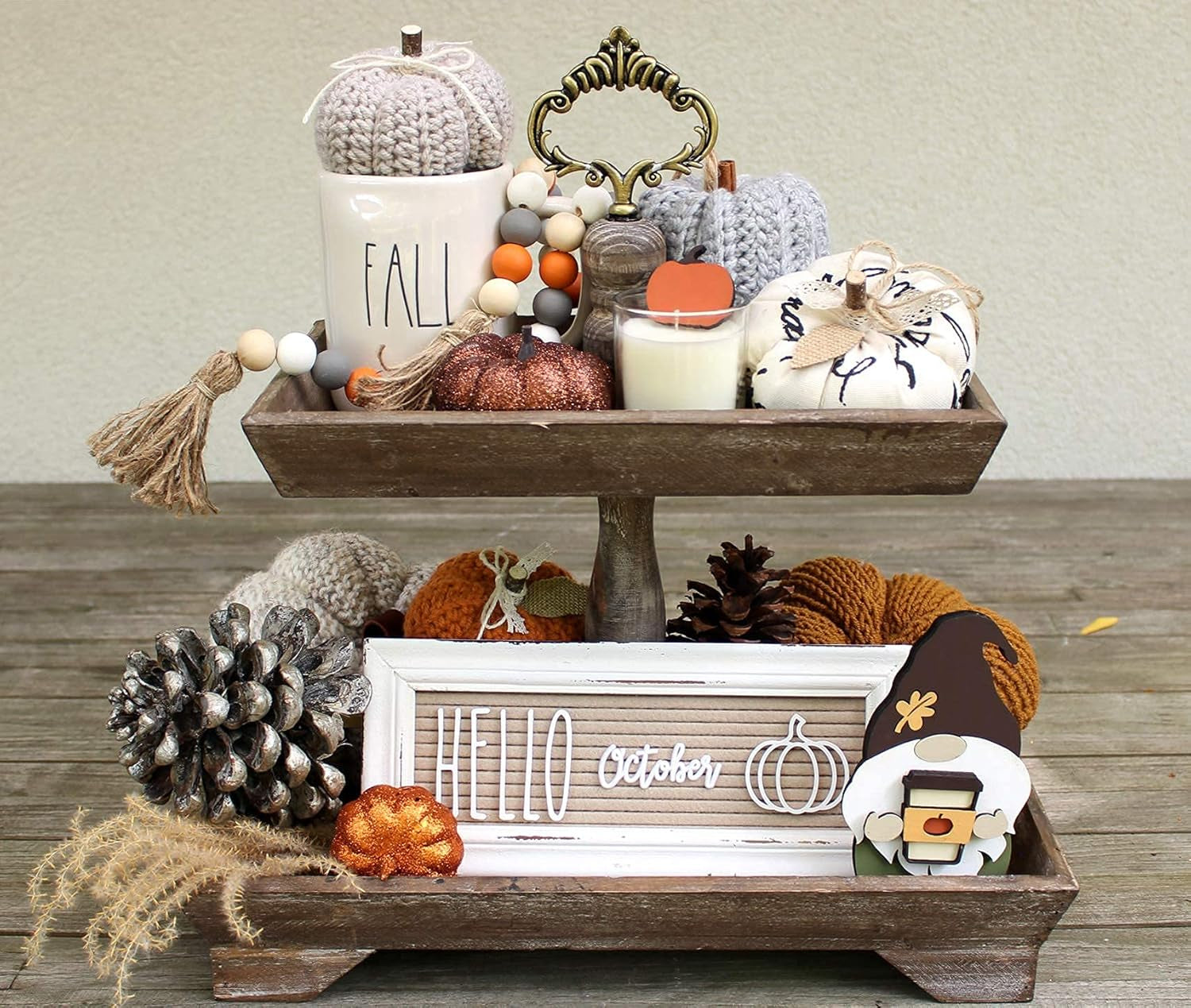 Rustic Wood Two Tiered Tray, Rectangle 2 Tier Serving Tray for Coffee Bar, Kitchen Counter, Dining Room Table, Cupcake Stand, Holiday and Farmhouse Decor (Rustic Brown)